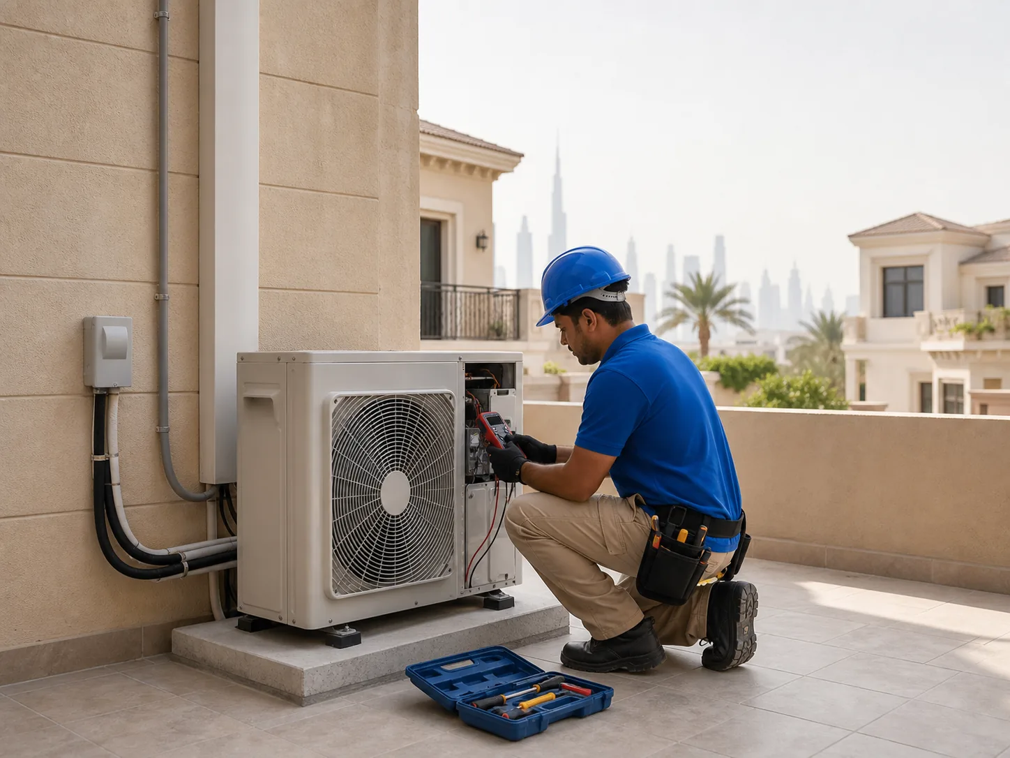 Technician checking an outdoor AC condenser at a Dubai villa