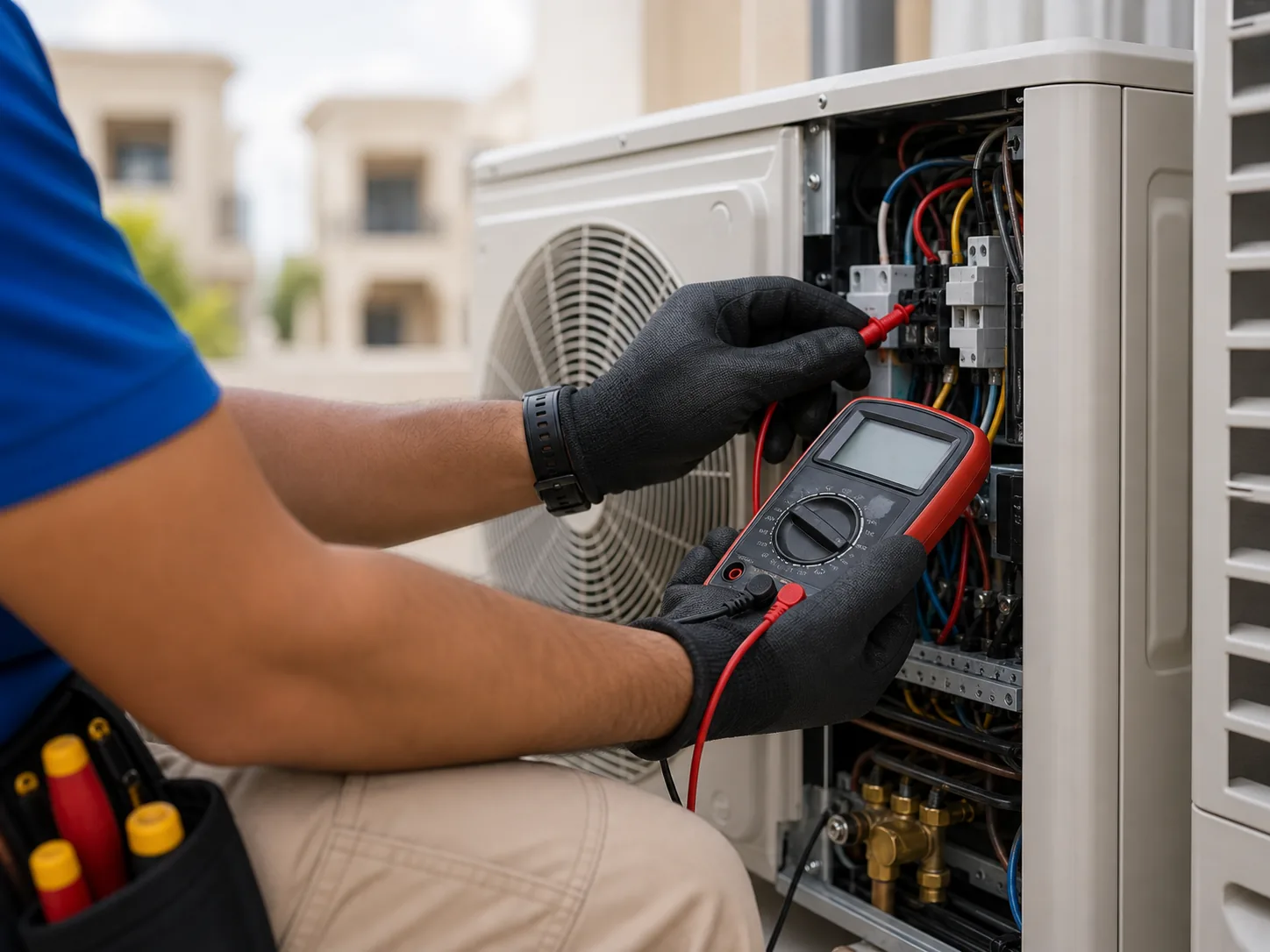 Technician checking electrical readings during an AC inspection