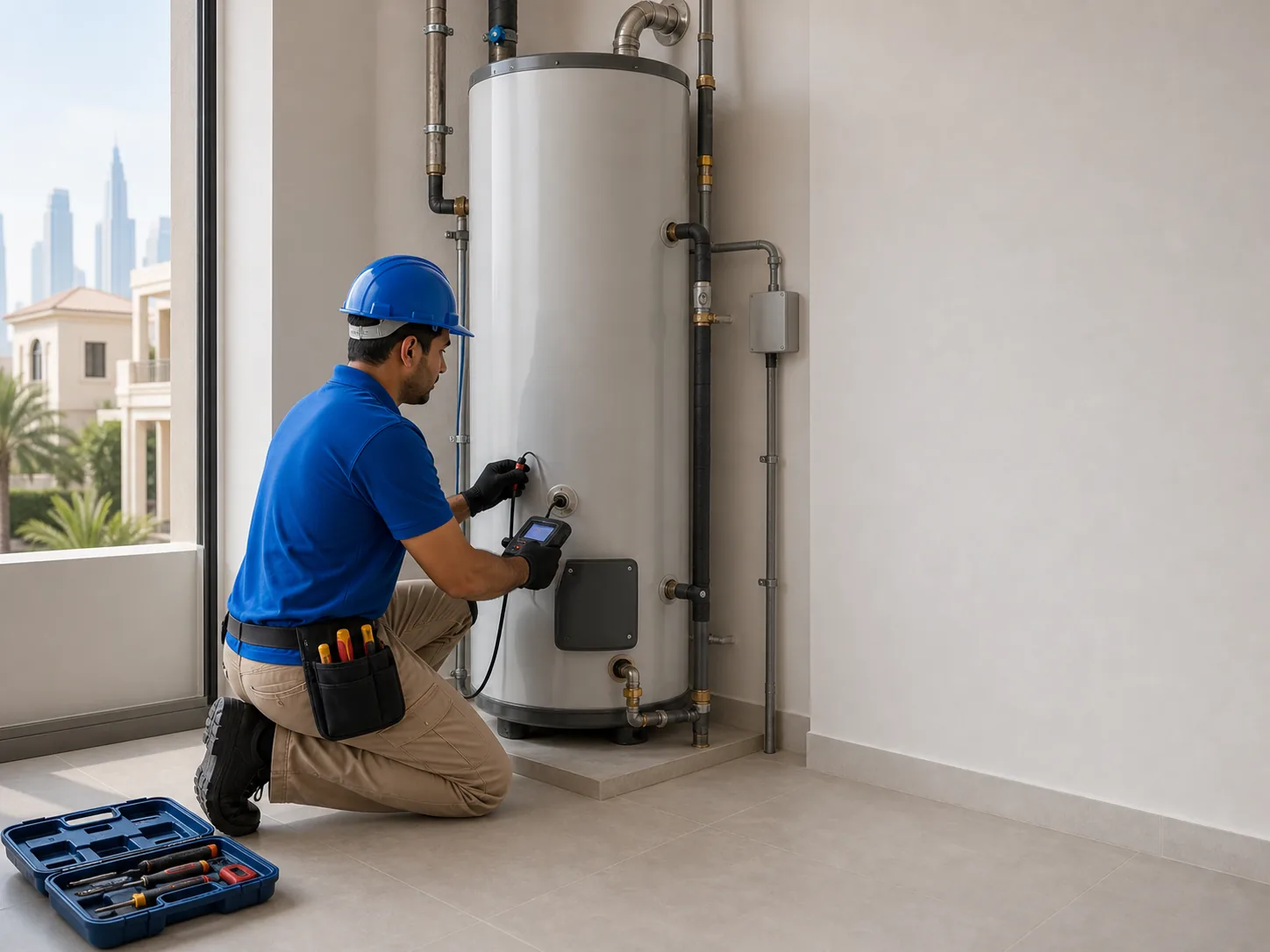 Technician checking a water heater connection in a Dubai property