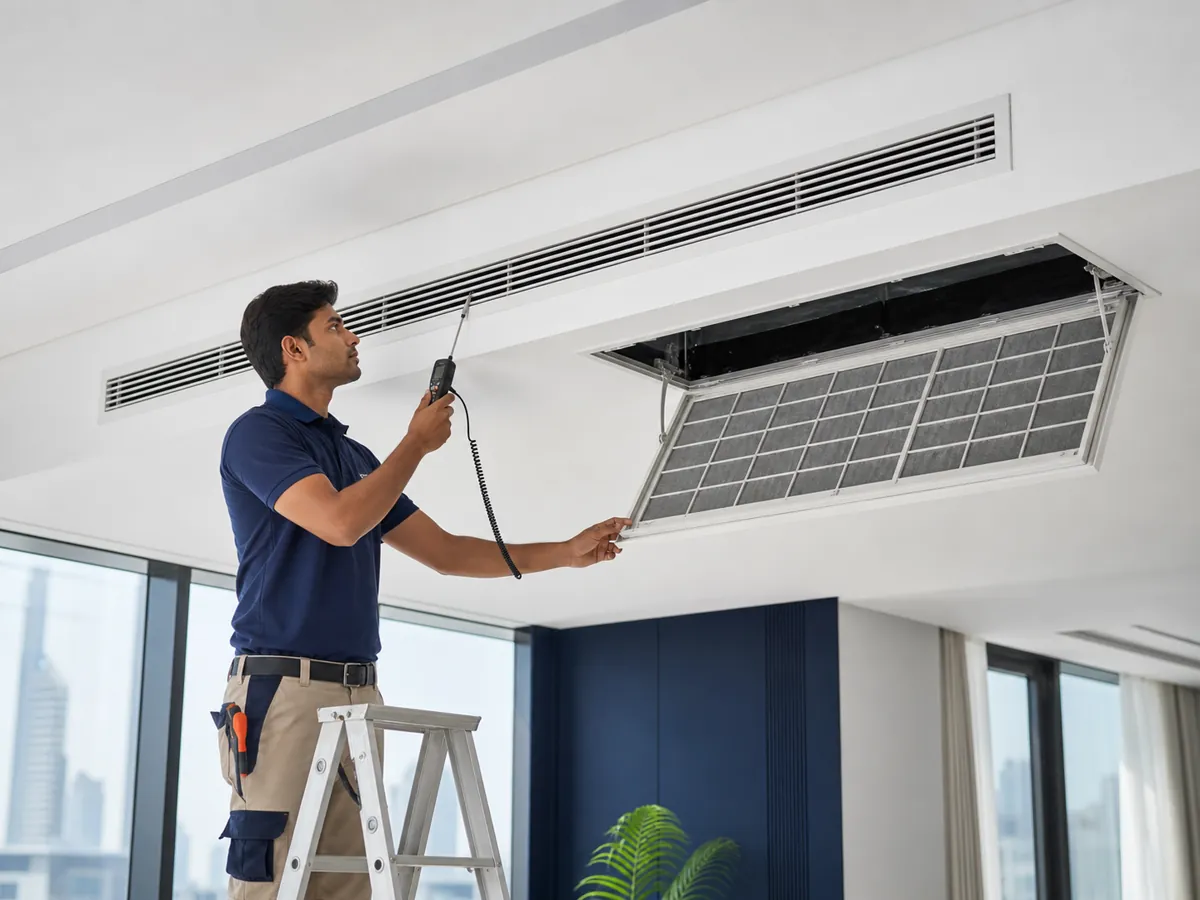 Technician inspecting a ducted DX AC supply and return grille