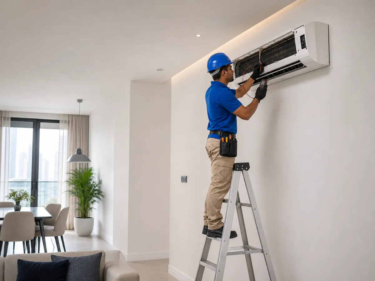 Senior technician checking AC electrical readings with a digital meter