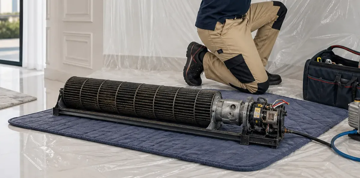 Dust held inside a removed split AC blower and motor assembly
