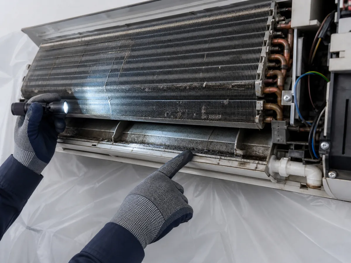 Hidden evaporator coil and drain tray buildup inside an opened AC unit