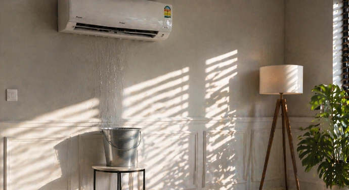 Indoor unit of air condition is having water leakage due to drainage issue