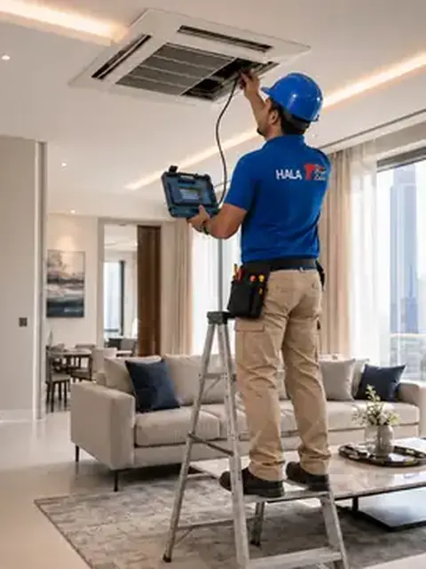 Hala Fix technician checking AC airflow in Dubai